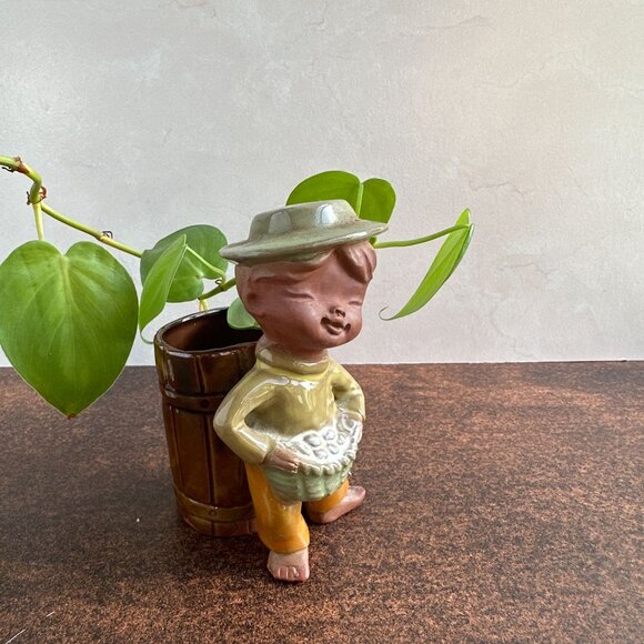 Terracotta Clay Succulent Planter Boy Holding Basket - Picture 2 of 14